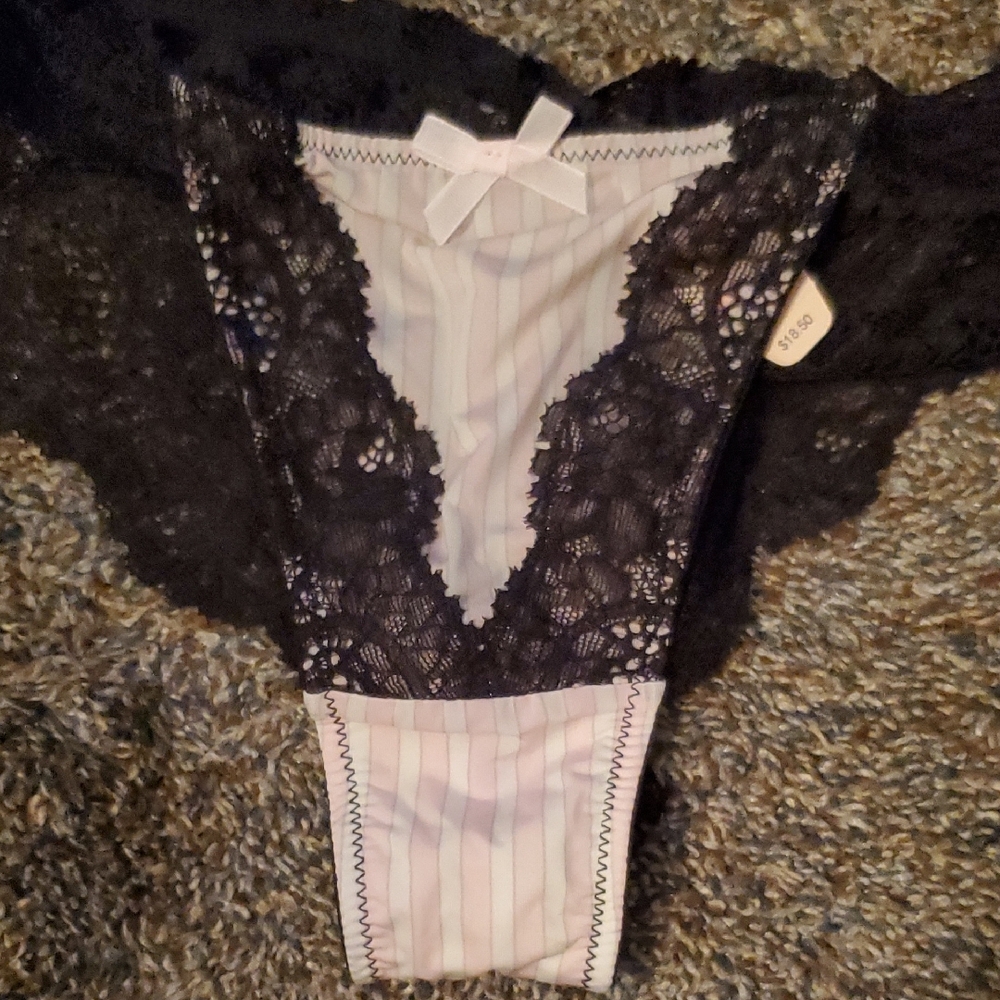 Victoria's Secret Black Lace & Light Pink Striped Cheeky Panty - Picture 2 of 4